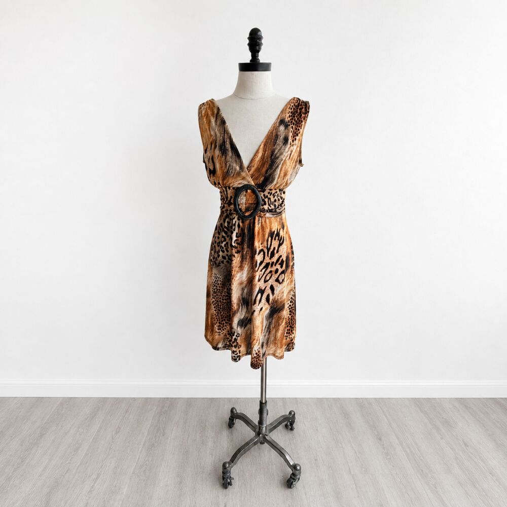 Y2K Leopard Animal Print Midi Dress Size Medium Deep V Neck Statement Buckle